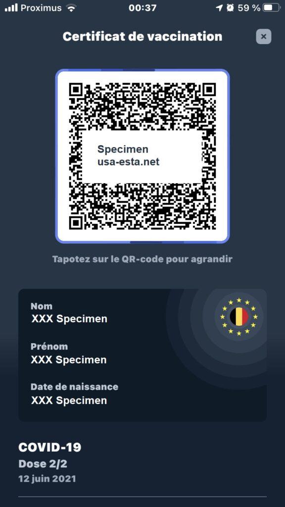 Código QR de detalle de la vacuna CovidSafeBe